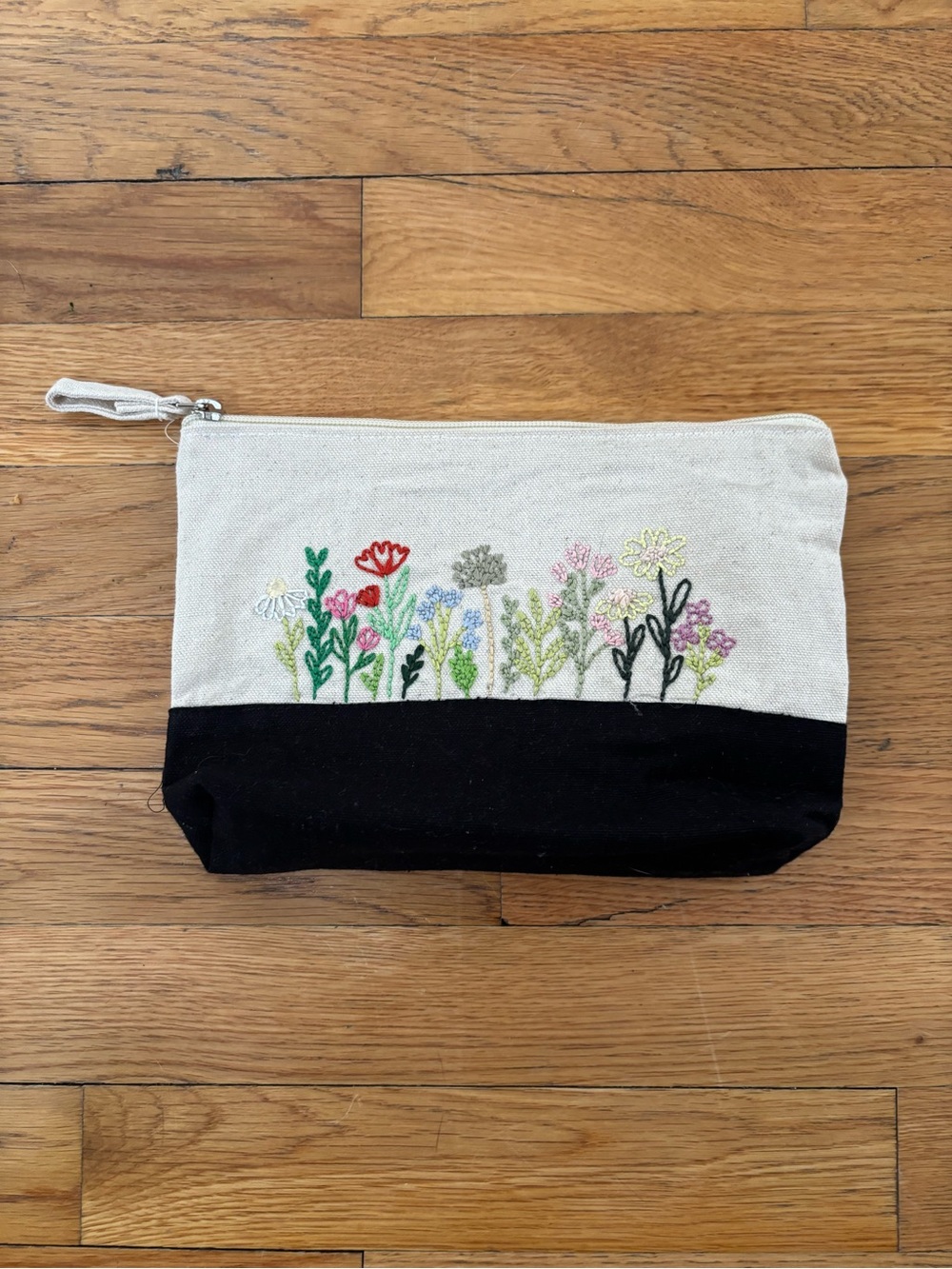 Hand Embroidered Floral Canvas Pouch - Black & Natural